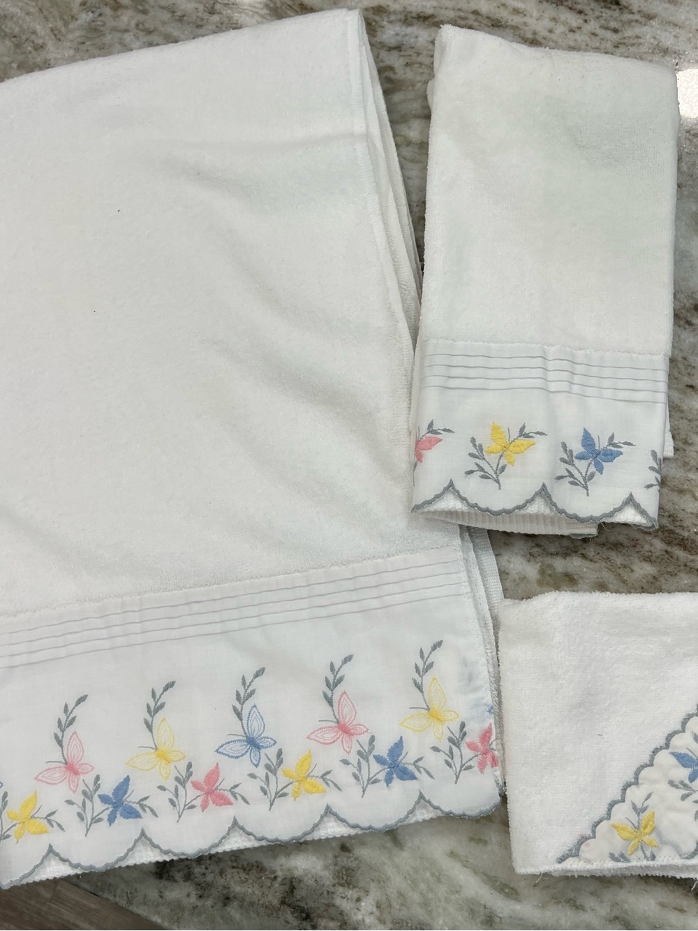 White Cotton Bath Towel Set with Pastel Embroidered Floral Border